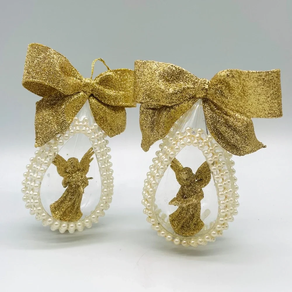 Angel Teardrop Christmas Ornaments Set of 2 Gold Glitter Bow 5